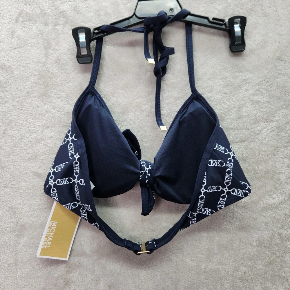 Michael Kors Bikini Top Womens Size S Navy Blue Logo‎ Print Tie Front Swimsuit